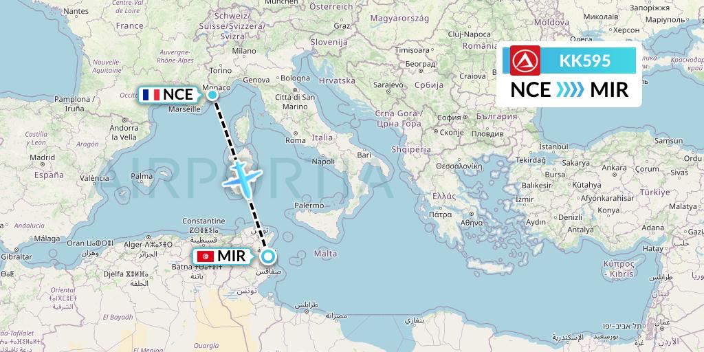 KK595 Atlasjet Flight Map: Nice to Monastir