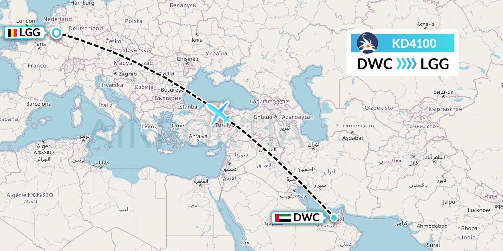 KD4100 KalStar Aviation Flight Map: Dubai to Liege