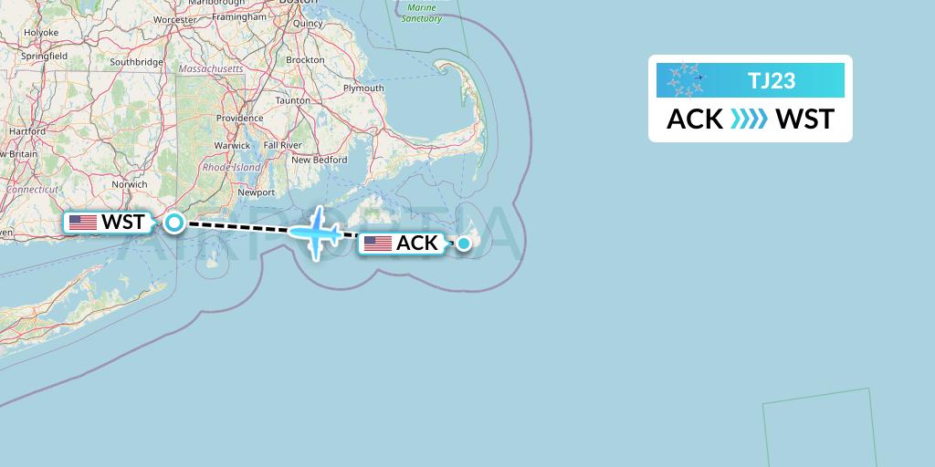 TJ23 Tradewind Aviation Flight Map: Nantucket to Westerly