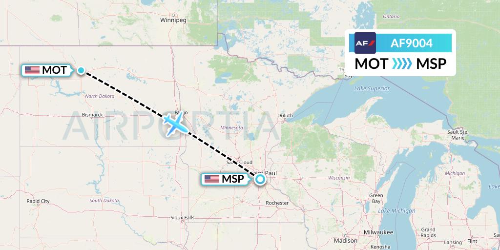 AF9004 Air France Flight Map: Minot to Minneapolis