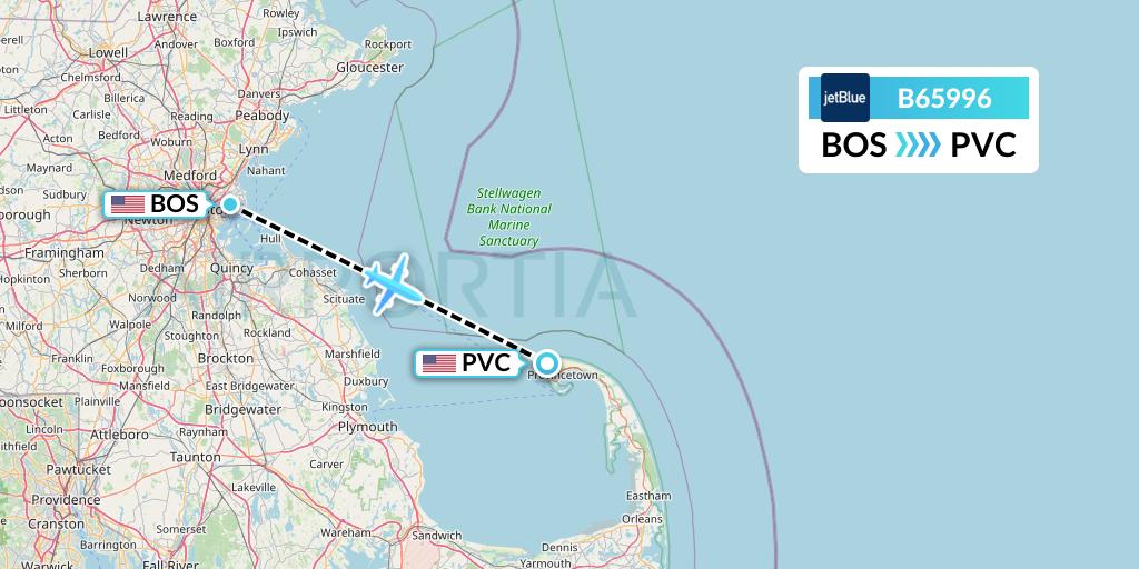 B65996 JetBlue Airways Flight Map: Boston to Provincetown