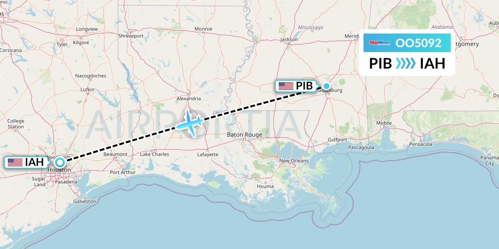 OO5092 SkyWest Airlines Flight Map: Hattiesburg to Houston