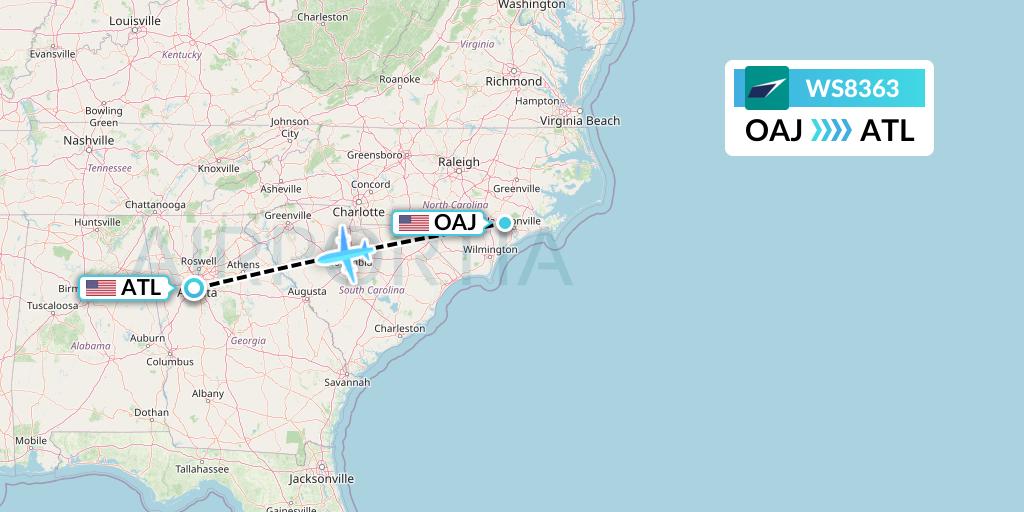WS8363 WestJet Flight Map: Jacksonville to Atlanta