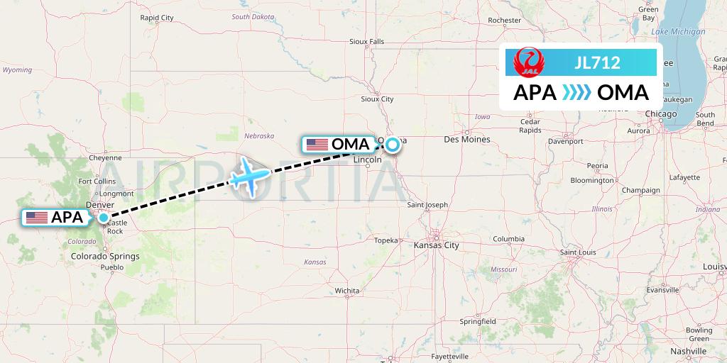 JL712 Japan Airlines Flight Map: Denver to Omaha
