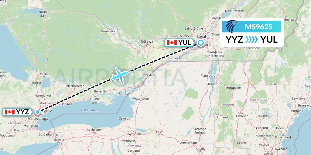 MS9625 EgyptAir Flight Map: Toronto to Montreal