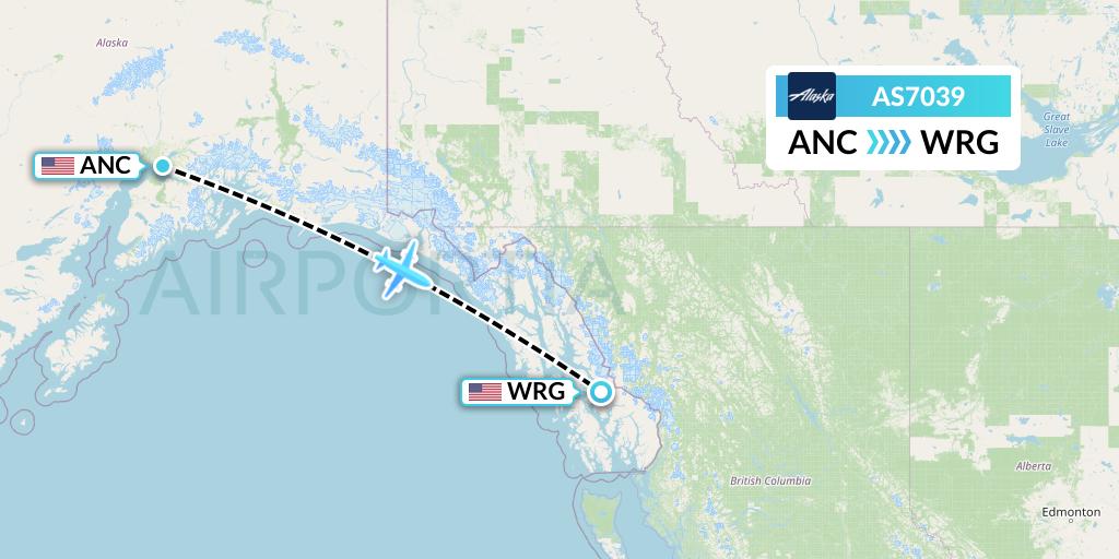AS7039 Alaska Airlines Flight Map: Anchorage to Wrangell
