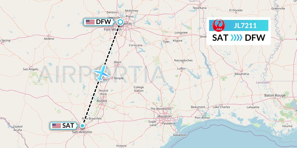 JL7211 Japan Airlines Flight Map: San Antonio to Dallas