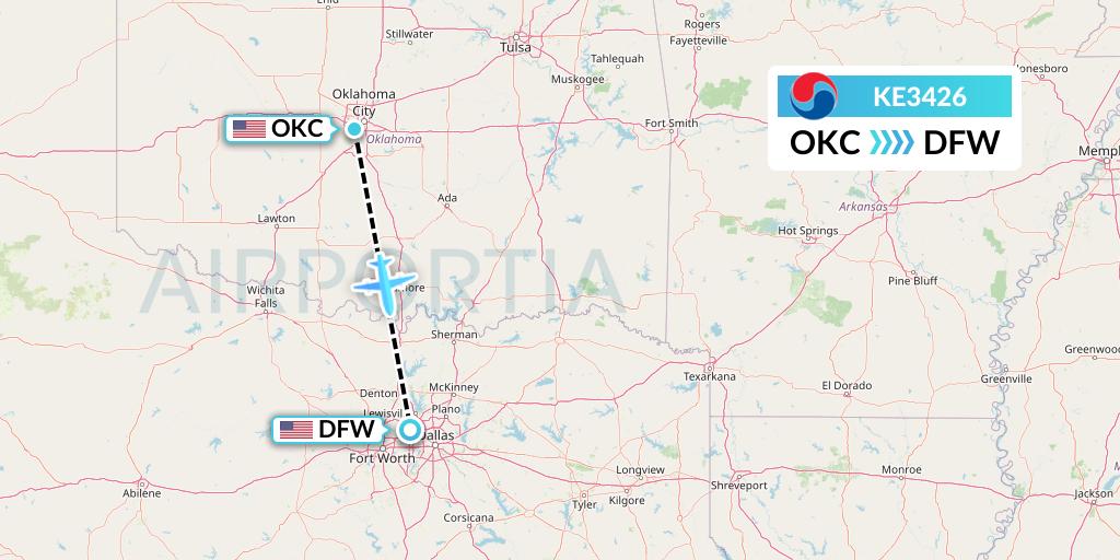 KE3426 Korean Air Flight Map: Oklahoma City to Dallas