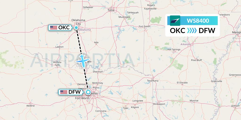 WS8400 WestJet Flight Map: Oklahoma City to Dallas