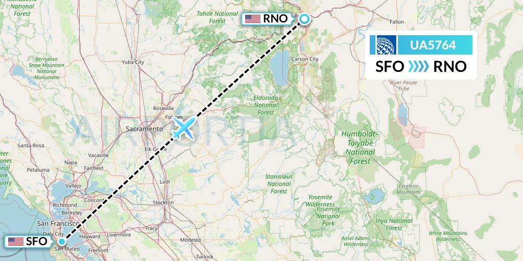 UA5764 United Airlines Flight Map: San Francisco to Reno