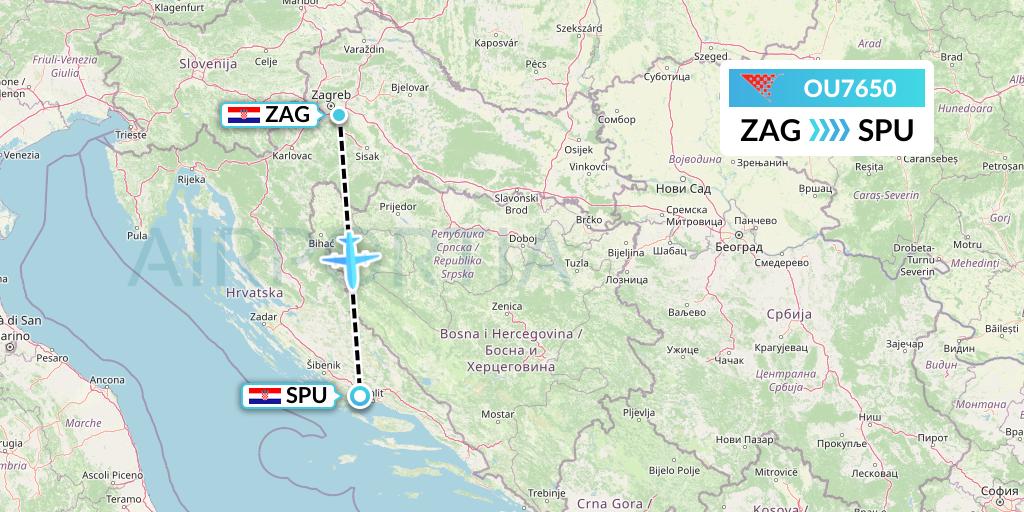 OU7650 Croatia Airlines Flight Map: Zagreb to Split