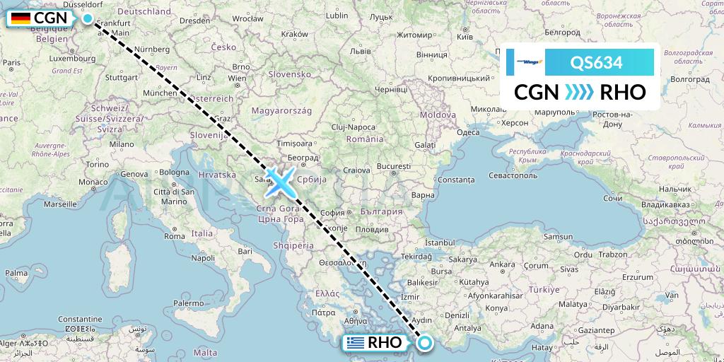 QS634 Smartwings Flight Map: Cologne to Rhodes