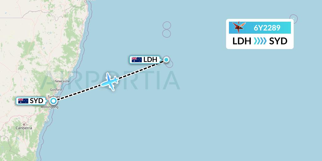 6Y2289 SmartLynx Flight Map: Lord Howe Island to Sydney