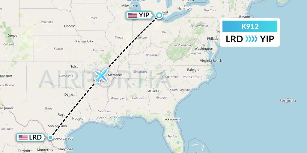 K912 Kalitta Charters Flight Map: Laredo to Detroit