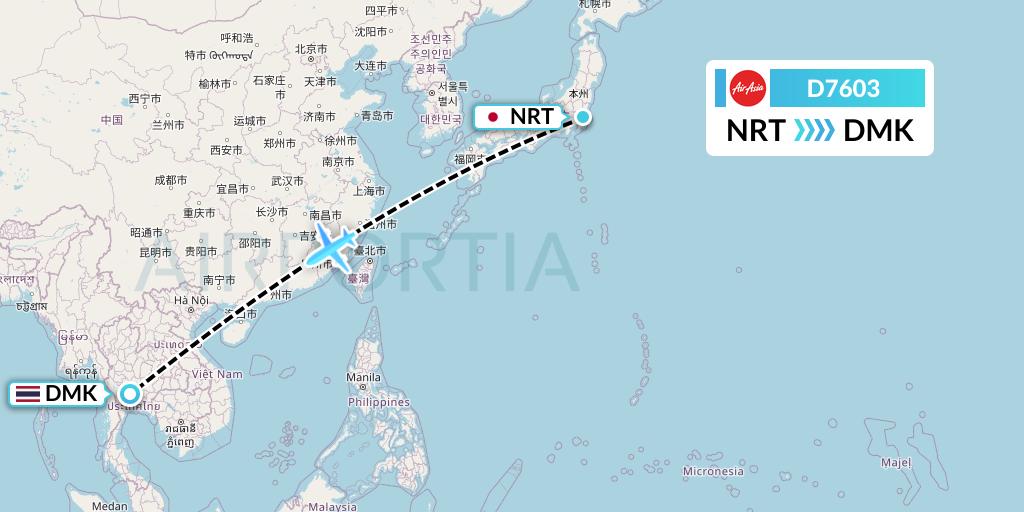 D7603 AirAsia X Flight Map: Tokyo to Bangkok
