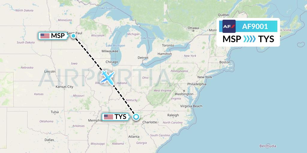 AF9001 Air France Flight Map: Minneapolis to Knoxville