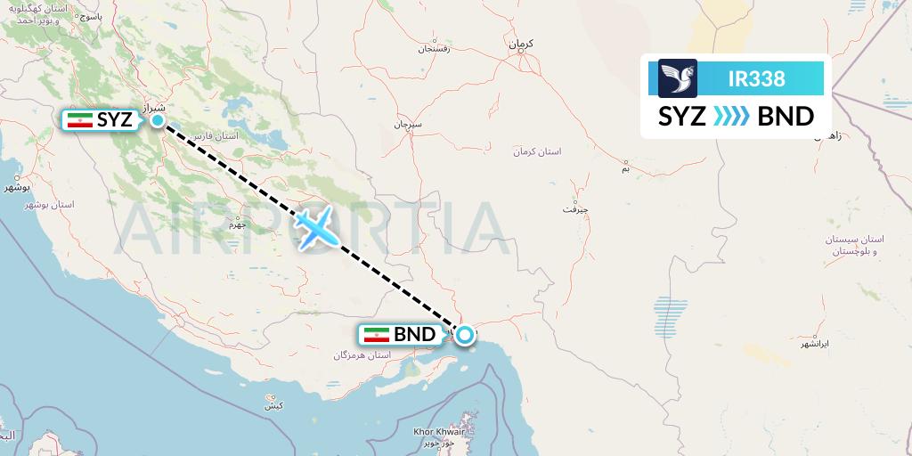 IR338 Iran Air Flight Map: Shiraz to Bandar Abbas