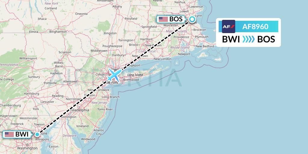 AF8960 Air France Flight Map: Baltimore to Boston