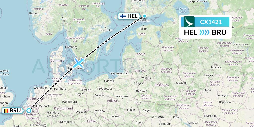 CX1421 Cathay Pacific Flight Map: Helsinki to Brussels