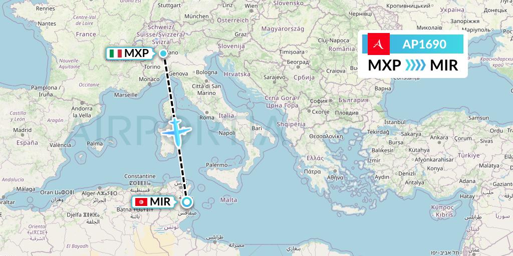 AP1690 AlbaStar Flight Map: Milan to Monastir