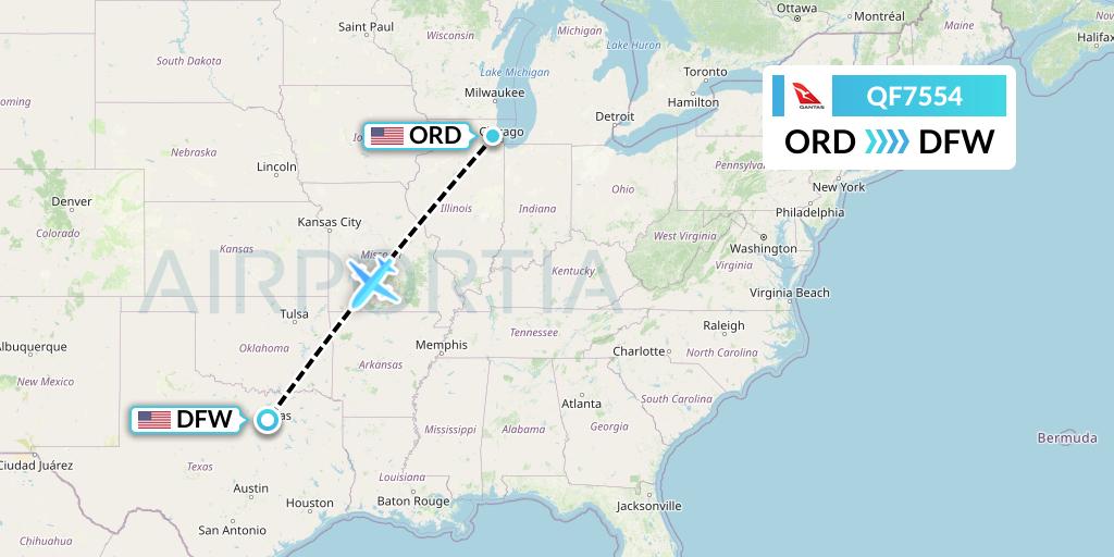 QF7554 Qantas Flight Map: Chicago to Dallas