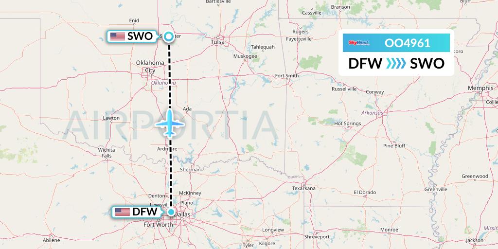 OO4961 SkyWest Airlines Flight Map: Dallas to Stillwater