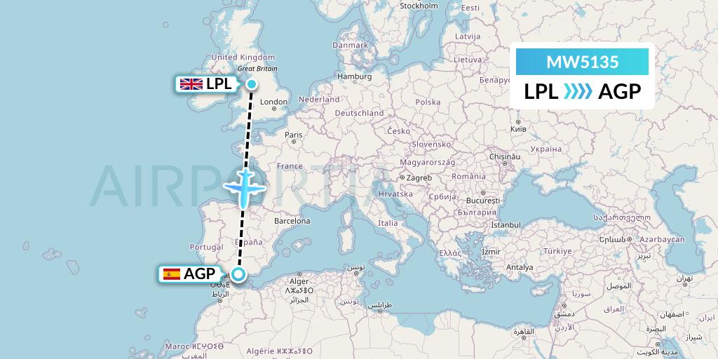 MW5135 Mokulele Flight Service Flight Map: Liverpool to Malaga