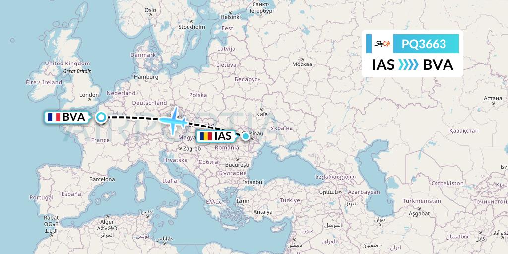 PQ3663 SkyUp Airlines Flight Map: Iasi to Paris