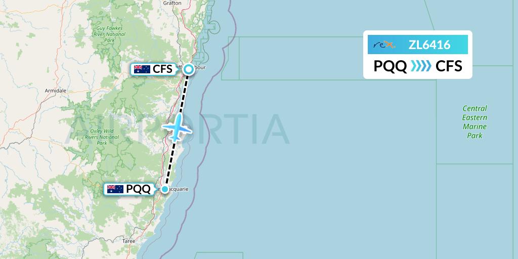ZL6416 Regional Express Flight Map: Port Macquarie to Coffs Harbour