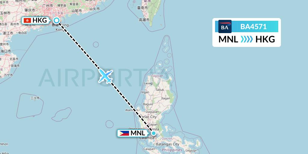 BA4571 British Airways Flight Map: Manila to Hong Kong