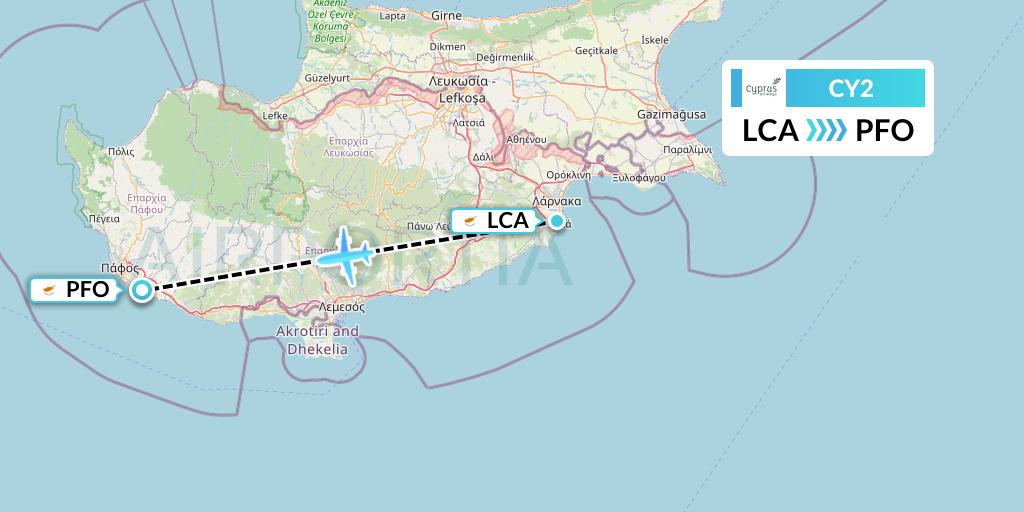 CY2 Cyprus Airways Flight Map: Larnaca to Pafos