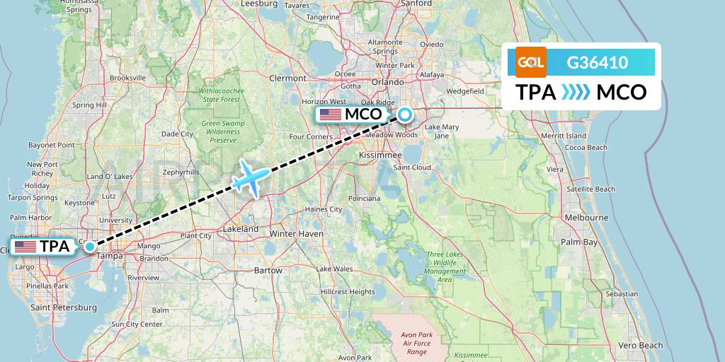 G36410 GOL Transportes Aeros Flight Map: Tampa to Orlando