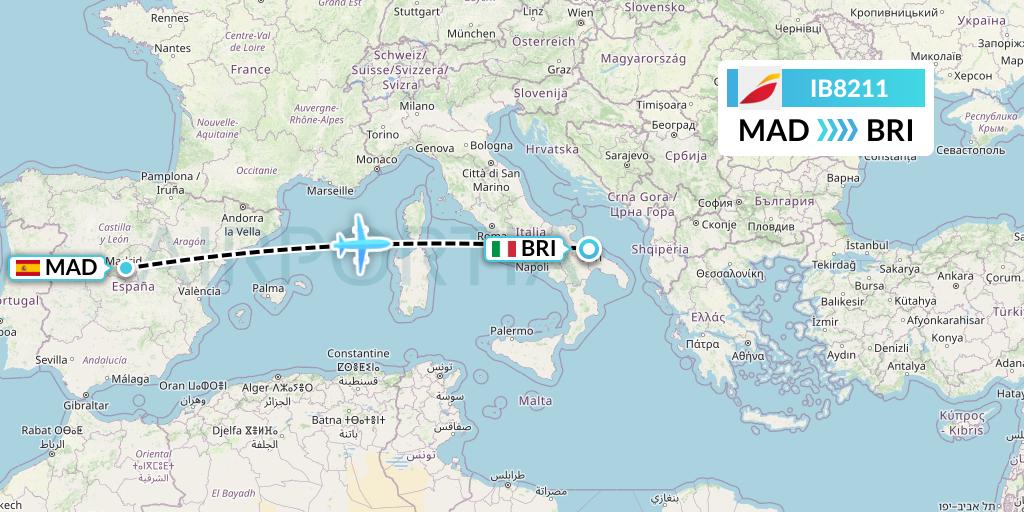 IB8211 Iberia Flight Map: Madrid to Bari