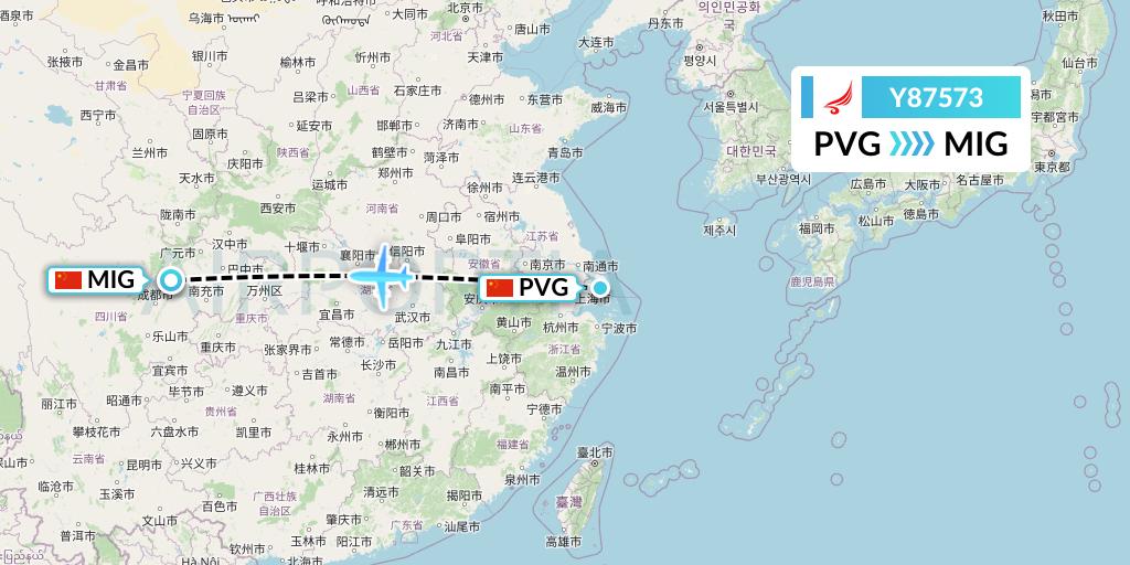 Y87573 Yangtze River Express Flight Map: Shanghai to Mianyang