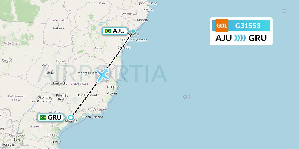 G31553 GOL Transportes Aeros Flight Map: Aracaju to Sao Paulo