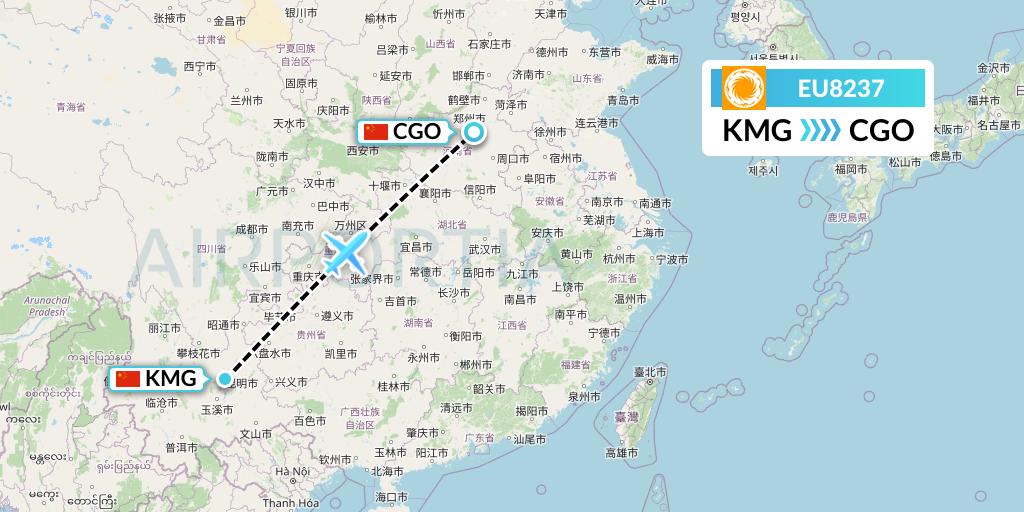 EU8237 Chengdu Airlines Flight Map: Kunming to Zhengzhou