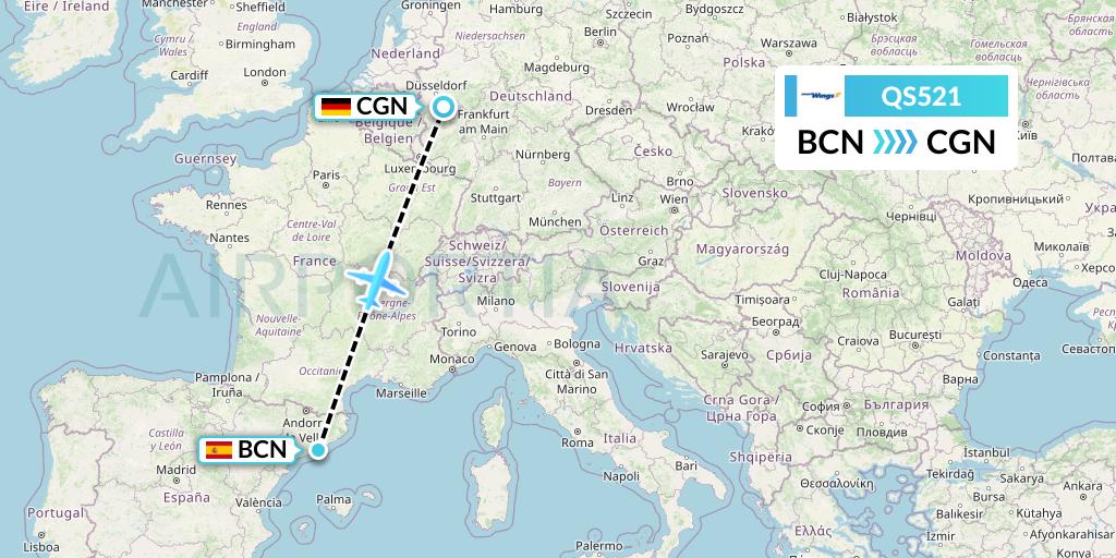 QS521 Smartwings Flight Map: Barcelona to Cologne