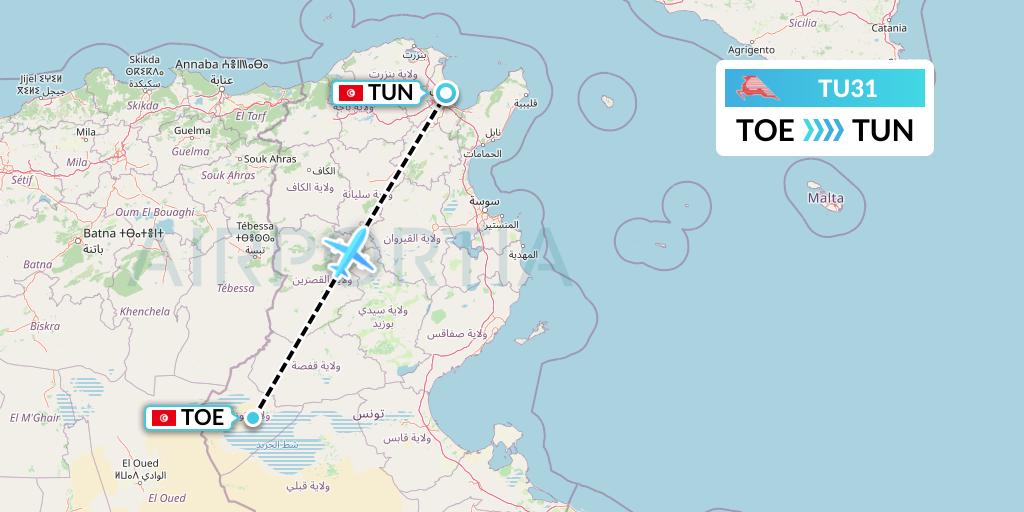 TU31 Tunisair Flight Map: Tozeur to Tunis