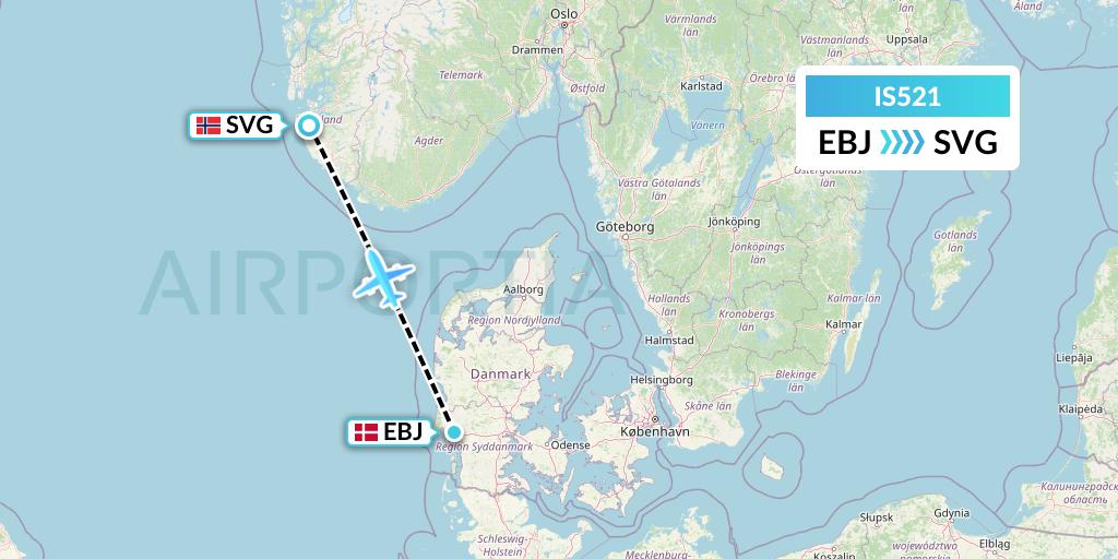 IS521 Sepehran Airlines Flight Map: Esbjerg to Stavanger