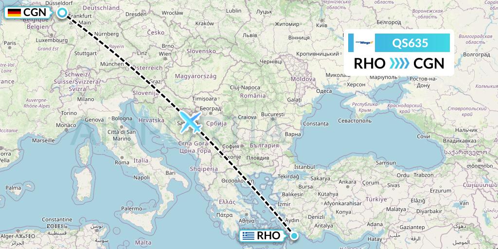 QS635 Smartwings Flight Map: Rhodes to Cologne