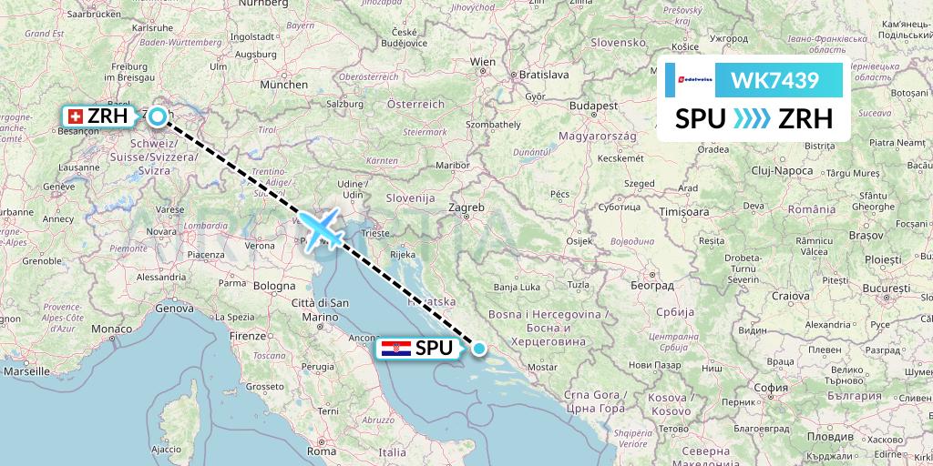WK7439 Edelweiss Air Flight Map: Split to Zurich