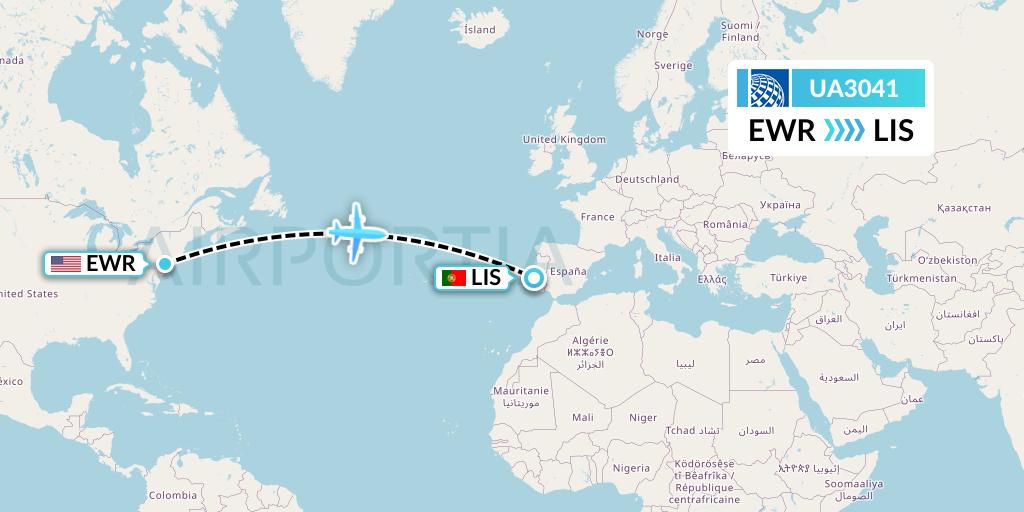 UA3041 United Airlines Flight Map: New York to Lisbon