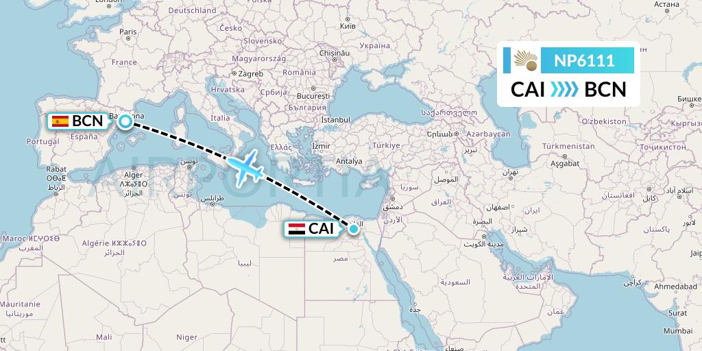 NP6111 Nile Air Flight Map: Cairo to Barcelona