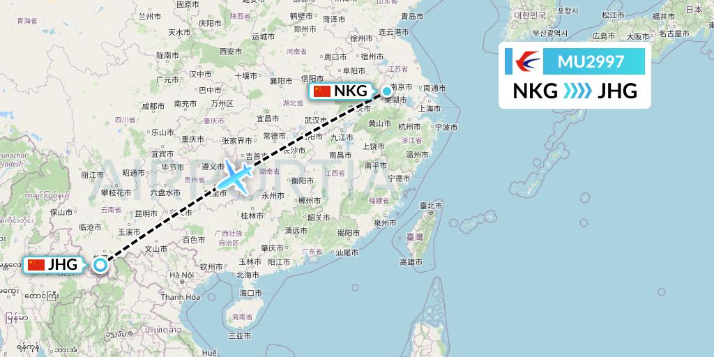 MU2997 China Eastern Airlines Flight Map: Nanjing to Jinghong