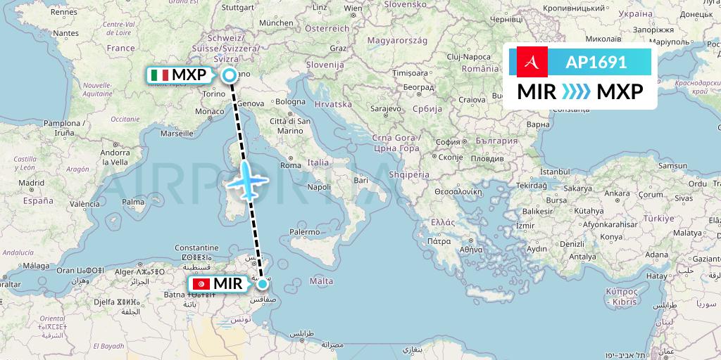 AP1691 AlbaStar Flight Map: Monastir to Milan