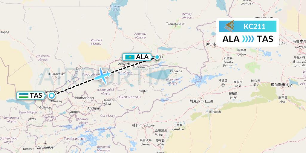 KC211 Air Astana Flight Map: Almaty to Tashkent