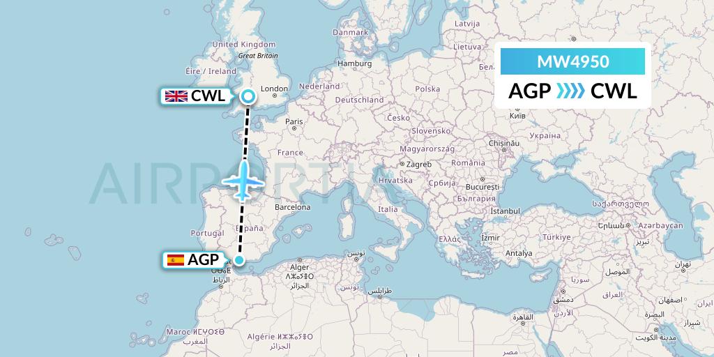 MW4950 Mokulele Flight Service Flight Map: Malaga to Cardiff