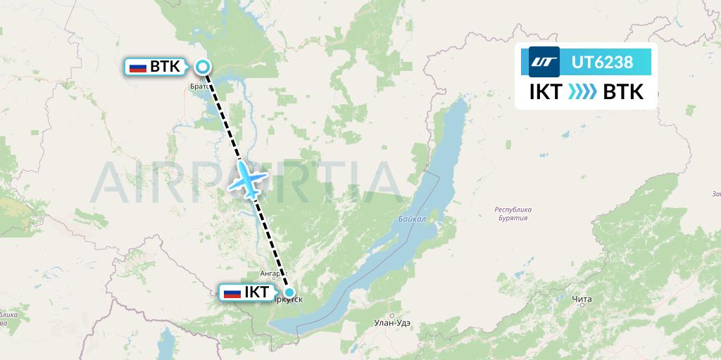 UT6238 UTair Flight Map: Irkutsk to Bratsk