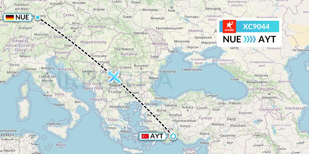 XC9044 Corendon Airlines Flight Map: Nurnberg to Antalya