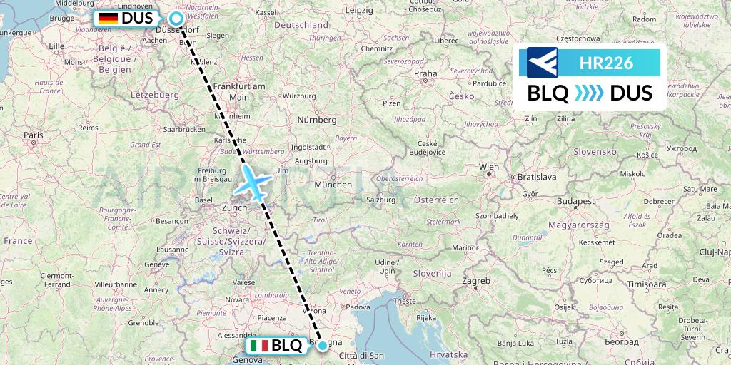 HR226 Hahn Air Flight Map: Bologna to Dusseldorf